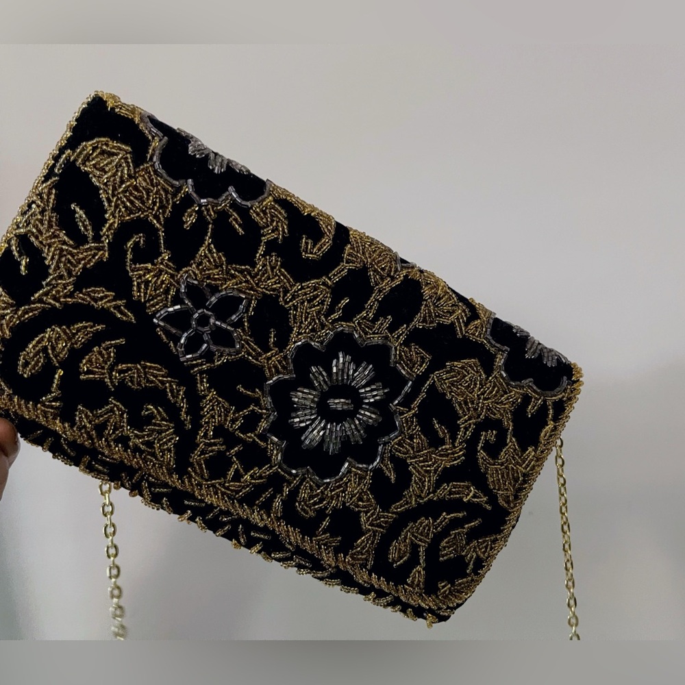 Vintage beaded black & gold glam bag clutch glam evening wedding party